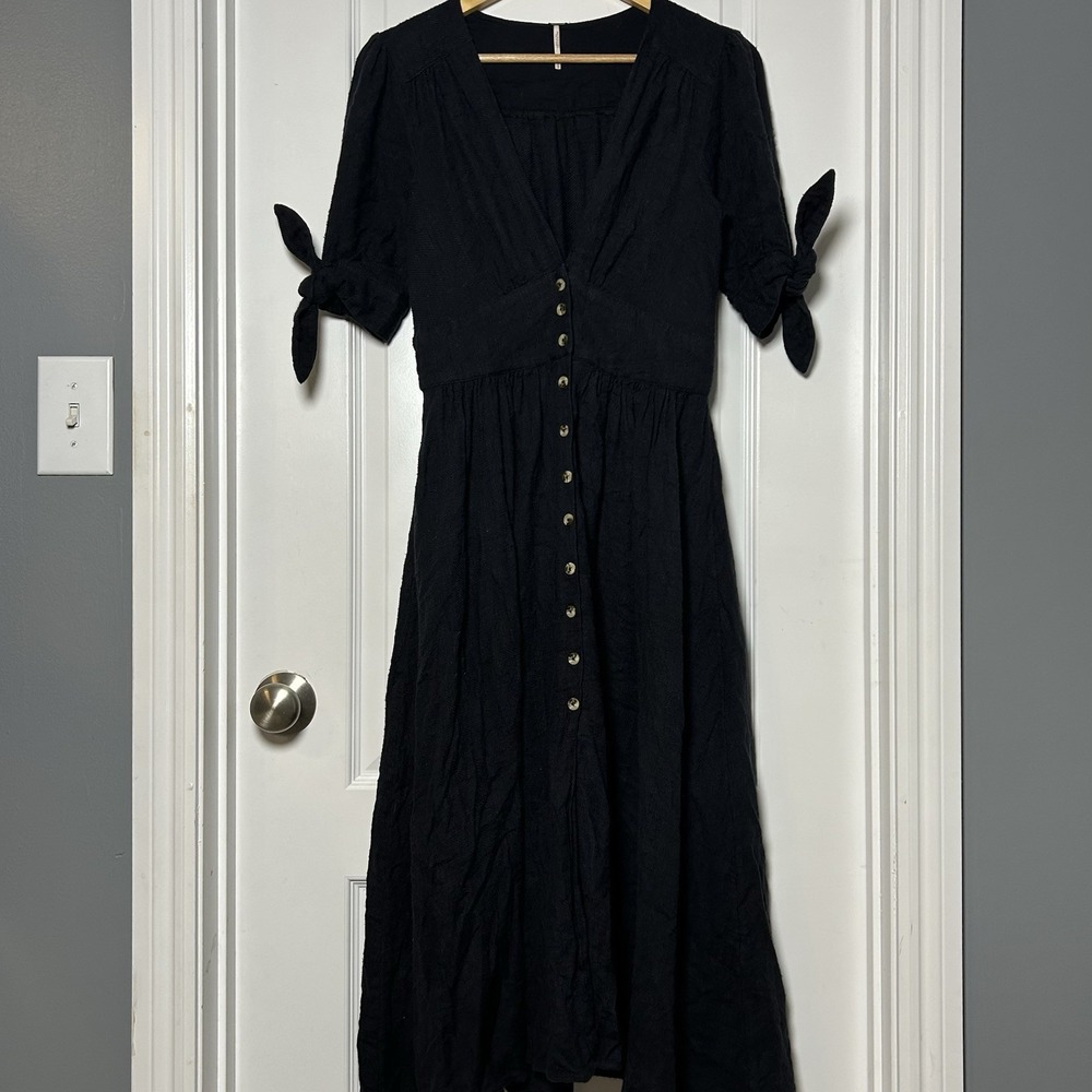 Free People Cotton Black Gauzy V-Neck Button Front Love Of My Life Midi Dress